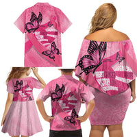 Polynesia Breast Cancer Awareness Month Family Matching Off Shoulder Short Dress and Hawaiian Shirt Pink Ribbon Mix Butterflies LT14 - Polynesian Pride