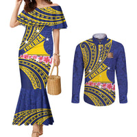 Personalised Tokelau Tokehega Day Couples Matching Mermaid Dress and Long Sleeve Button Shirt Tokelauan Tatau Flag Color LT14 Blue - Polynesian Pride