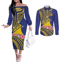 Personalised Tokelau Tokehega Day Couples Matching Off The Shoulder Long Sleeve Dress and Long Sleeve Button Shirt Tokelauan Tatau Flag Color LT14 Blue - Polynesian Pride