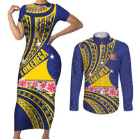 Personalised Tokelau Tokehega Day Couples Matching Short Sleeve Bodycon Dress and Long Sleeve Button Shirt Tokelauan Tatau Flag Color LT14 Blue - Polynesian Pride