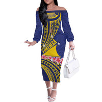 Personalised Tokelau Tokehega Day Off The Shoulder Long Sleeve Dress Tokelauan Tatau Flag Color LT14 Women Blue - Polynesian Pride