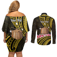 Personalised Tokelau Tokehega Day Couples Matching Off Shoulder Short Dress and Long Sleeve Button Shirt Tokelauan Tatau Black Color LT14 - Polynesian Pride