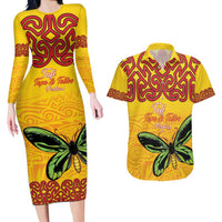 Personalised Tufi Tapa and Tattoo Festival Couples Matching Long Sleeve Bodycon Dress and Hawaiian Shirt PNG Oro Butterfly Tapa Pattern LT14 Yellow - Polynesian Pride