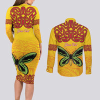 Personalised Tufi Tapa and Tattoo Festival Couples Matching Long Sleeve Bodycon Dress and Long Sleeve Button Shirt PNG Oro Butterfly Tapa Pattern LT14 - Polynesian Pride
