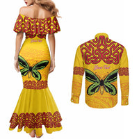 Personalised Tufi Tapa and Tattoo Festival Couples Matching Mermaid Dress and Long Sleeve Button Shirt PNG Oro Butterfly Tapa Pattern LT14 - Polynesian Pride