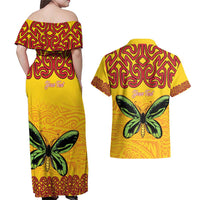 Personalised Tufi Tapa and Tattoo Festival Couples Matching Off Shoulder Maxi Dress and Hawaiian Shirt PNG Oro Butterfly Tapa Pattern LT14 - Polynesian Pride