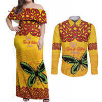 Personalised Tufi Tapa and Tattoo Festival Couples Matching Off Shoulder Maxi Dress and Long Sleeve Button Shirt PNG Oro Butterfly Tapa Pattern LT14 Yellow - Polynesian Pride