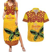 Personalised Tufi Tapa and Tattoo Festival Couples Matching Summer Maxi Dress and Hawaiian Shirt PNG Oro Butterfly Tapa Pattern LT14 Yellow - Polynesian Pride
