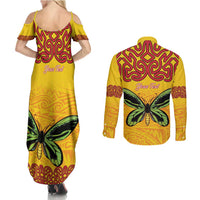 Personalised Tufi Tapa and Tattoo Festival Couples Matching Summer Maxi Dress and Long Sleeve Button Shirt PNG Oro Butterfly Tapa Pattern LT14 - Polynesian Pride