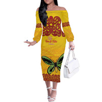 Personalised Tufi Tapa and Tattoo Festival Off The Shoulder Long Sleeve Dress PNG Oro Butterfly Tapa Pattern LT14 Women Yellow - Polynesian Pride
