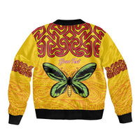 Personalised Tufi Tapa and Tattoo Festival Sleeve Zip Bomber Jacket PNG Oro Butterfly Tapa Pattern - Polynesian Pride