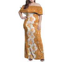 Personalised Tufi Tapa and Tattoo Festival Family Matching Off Shoulder Maxi Dress and Hawaiian Shirt Oro Tapa Cloth With Plumeria LT14 Mom's Dress Brown - Polynesian Pride