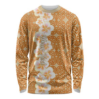 Personalised Tufi Tapa and Tattoo Festival Long Sleeve Shirt Oro Tapa Cloth With Plumeria LT14 Unisex Brown - Polynesian Pride