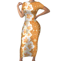 Personalised Tufi Tapa and Tattoo Festival Short Sleeve Bodycon Dress Oro Tapa Cloth With Plumeria LT14 Long Dress Brown - Polynesian Pride