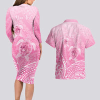 Personalised Polynesia Breast Cancer Awareness Couples Matching Long Sleeve Bodycon Dress and Hawaiian Shirt No One Fights Alone Turtle Ribbon - Pink Version