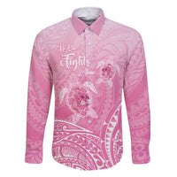 Personalised Polynesia Breast Cancer Awareness Family Matching Short Sleeve Bodycon Dress and Hawaiian Shirt No One Fights Alone Turtle Ribbon - Pink Version LT14 Dad's Shirt - Long Sleeve Pink - Polynesian Pride