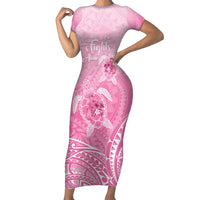 Personalised Polynesia Breast Cancer Awareness Family Matching Short Sleeve Bodycon Dress and Hawaiian Shirt No One Fights Alone Turtle Ribbon - Pink Version LT14 Mom's Dress Pink - Polynesian Pride