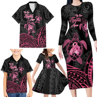 Personalised Polynesia Breast Cancer Awareness Family Matching Long Sleeve Bodycon Dress and Hawaiian Shirt No One Fights Alone Turtle Ribbon - Black Version LT14 - Polynesian Pride