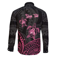 Personalised Polynesia Breast Cancer Awareness Family Matching Off The Shoulder Long Sleeve Dress and Hawaiian Shirt No One Fights Alone Turtle Ribbon - Black Version LT14 - Polynesian Pride