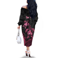 Personalised Polynesia Breast Cancer Awareness Family Matching Off The Shoulder Long Sleeve Dress and Hawaiian Shirt No One Fights Alone Turtle Ribbon - Black Version LT14 - Polynesian Pride