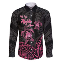 Personalised Polynesia Breast Cancer Awareness Family Matching Off Shoulder Short Dress and Hawaiian Shirt No One Fights Alone Turtle Ribbon - Black Version