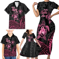 Personalised Polynesia Breast Cancer Awareness Family Matching Short Sleeve Bodycon Dress and Hawaiian Shirt No One Fights Alone Turtle Ribbon - Black Version LT14 - Polynesian Pride
