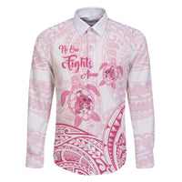 Personalised Polynesia Breast Cancer Awareness Family Matching Off The Shoulder Long Sleeve Dress and Hawaiian Shirt No One Fights Alone Turtle Ribbon - White Version LT14 Dad's Shirt - Long Sleeve White - Polynesian Pride