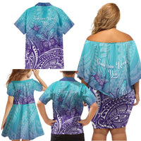 Polynesia Suicide Prevention Month Family Matching Off Shoulder Short Dress and Hawaiian Shirt Butterfly Purple And Teal Ribbon Tomorrow Needs You LT14 - Polynesian Pride