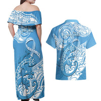 Personalised New Zealand Autism Awareness Couples Matching Off Shoulder Maxi Dress and Hawaiian Shirt NZ Fern With Maori Koru Lizard LT14 - Polynesian Pride