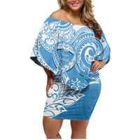 Personalised New Zealand Autism Awareness Family Matching Off Shoulder Short Dress and Hawaiian Shirt NZ Fern With Maori Koru Lizard LT14 Mom's Dress Blue - Polynesian Pride