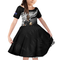 Custom New Zealand Silver Fern Rugby Family Matching Off Shoulder Short Dress and Hawaiian Shirt 2024 Aotearoa Maori Mascot Go All Black LT14 Daughter's Dress Black - Polynesian Pride