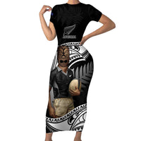 Custom New Zealand Silver Fern Rugby Short Sleeve Bodycon Dress 2024 Aotearoa Maori Mascot Go All Black LT14 Long Dress Black - Polynesian Pride