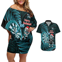 Personalised New Zealand Darts Christmas Couples Matching Off Shoulder Short Dress and Hawaiian Shirt Maori Fern Merry Dartsmas LT14 Cyan - Polynesian Pride
