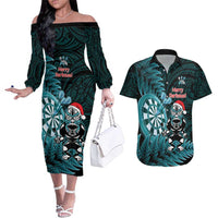 Personalised New Zealand Darts Christmas Couples Matching Off The Shoulder Long Sleeve Dress and Hawaiian Shirt Maori Fern Merry Dartsmas LT14 Cyan - Polynesian Pride