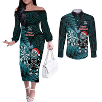Personalised New Zealand Darts Christmas Couples Matching Off The Shoulder Long Sleeve Dress and Long Sleeve Button Shirt Maori Fern Merry Dartsmas LT14 Cyan - Polynesian Pride