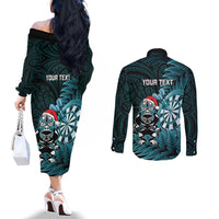 Personalised New Zealand Darts Christmas Couples Matching Off The Shoulder Long Sleeve Dress and Long Sleeve Button Shirt Maori Fern Merry Dartsmas LT14 - Polynesian Pride