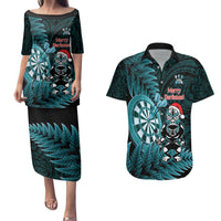 Personalised New Zealand Darts Christmas Couples Matching Puletasi and Hawaiian Shirt Maori Fern Merry Dartsmas LT14 Cyan - Polynesian Pride