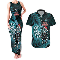 Personalised New Zealand Darts Christmas Couples Matching Tank Maxi Dress and Hawaiian Shirt Maori Fern Merry Dartsmas LT14 Cyan - Polynesian Pride