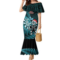 Personalised New Zealand Darts Christmas Family Matching Mermaid Dress and Hawaiian Shirt Maori Fern Merry Dartsmas LT14 Mom's Dress Cyan - Polynesian Pride