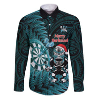 Personalised New Zealand Darts Christmas Family Matching Off The Shoulder Long Sleeve Dress and Hawaiian Shirt Maori Fern Merry Dartsmas LT14 Dad's Shirt - Long Sleeve Cyan - Polynesian Pride