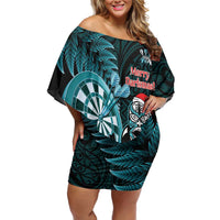 Personalised New Zealand Darts Christmas Family Matching Off Shoulder Short Dress and Hawaiian Shirt Maori Fern Merry Dartsmas LT14 Mom's Dress Cyan - Polynesian Pride