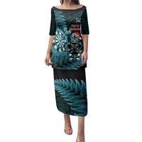 Personalised New Zealand Darts Christmas Family Matching Puletasi and Hawaiian Shirt Maori Fern Merry Dartsmas LT14 Mom's Dress Cyan - Polynesian Pride