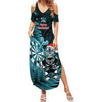 Personalised New Zealand Darts Christmas Family Matching Summer Maxi Dress and Hawaiian Shirt Maori Fern Merry Dartsmas LT14 Mom's Dress Cyan - Polynesian Pride