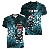 Personalised New Zealand Darts Christmas Women V-Neck T-Shirt Maori Fern Merry Dartsmas LT14 - Polynesian Pride