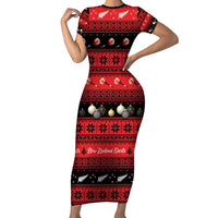 New Zealand Darts Christmas Short Sleeve Bodycon Dress Merry Xmas Aotearoa Maori Red LT14 Long Dress Red - Polynesian Pride