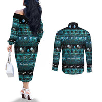 New Zealand Darts Christmas Couples Matching Off The Shoulder Long Sleeve Dress and Long Sleeve Button Shirt Merry Xmas Aotearoa Maori Paua Shell LT14 - Polynesian Pride