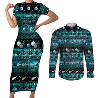 New Zealand Darts Christmas Couples Matching Short Sleeve Bodycon Dress and Long Sleeve Button Shirt Merry Xmas Aotearoa Maori Paua Shell LT14 Cyan - Polynesian Pride