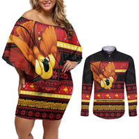 Papua New Guinea Christmas Couples Matching Off Shoulder Short Dress and Long Sleeve Button Shirt Bikpela hamamas blong dispela Krismas LT14 Red - Polynesian Pride