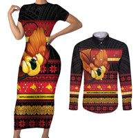 Papua New Guinea Christmas Couples Matching Short Sleeve Bodycon Dress and Long Sleeve Button Shirt Bikpela hamamas blong dispela Krismas LT14 Red - Polynesian Pride