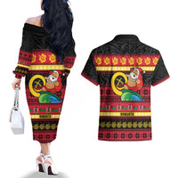 Vanuatu Christmas Couples Matching Off The Shoulder Long Sleeve Dress and Hawaiian Shirt Joyeux Noel Surfing Santa With Boar Tusk LT14 - Polynesian Pride